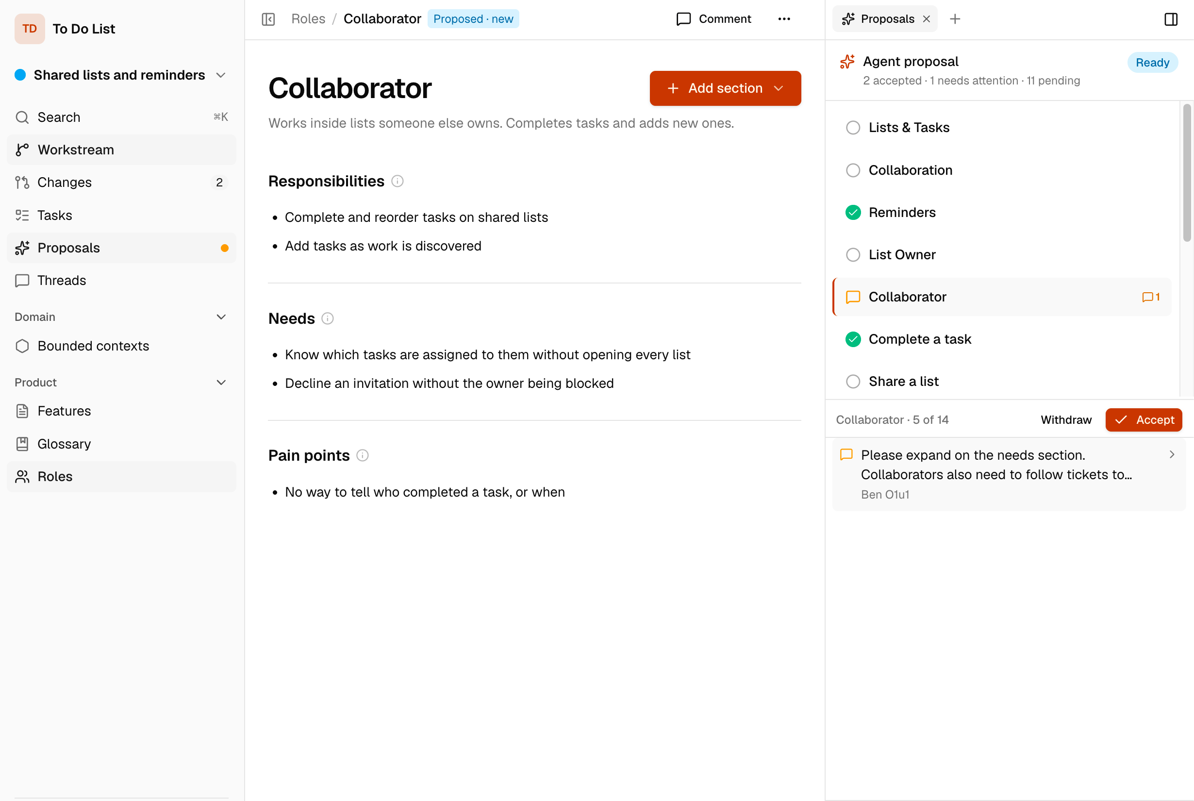 The Specbench workspace showing a role page beside an agent proposal of fourteen changes awaiting review, with a comment from a teammate.