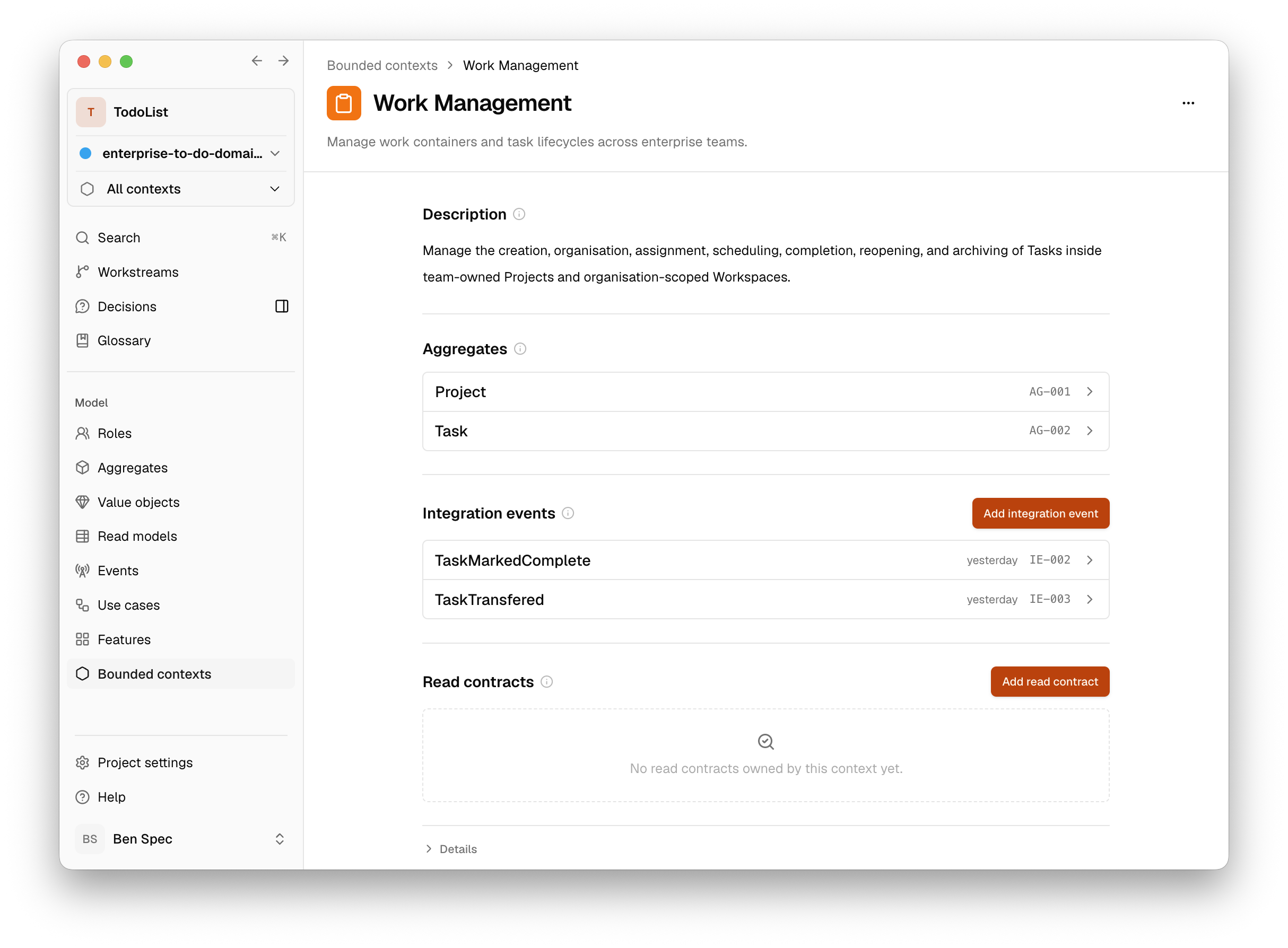 Specbench work management bounded context detail, showing aggregates, integration events, and read contracts.