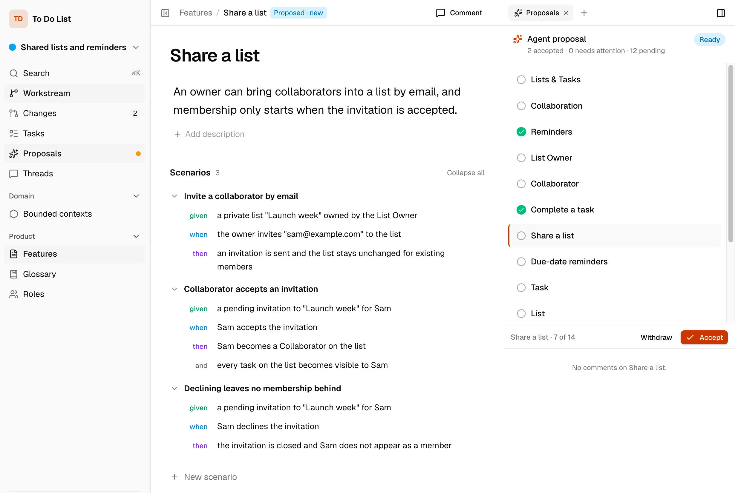 A feature in Specbench with its intent and three Gherkin scenarios describing how sharing a list behaves.