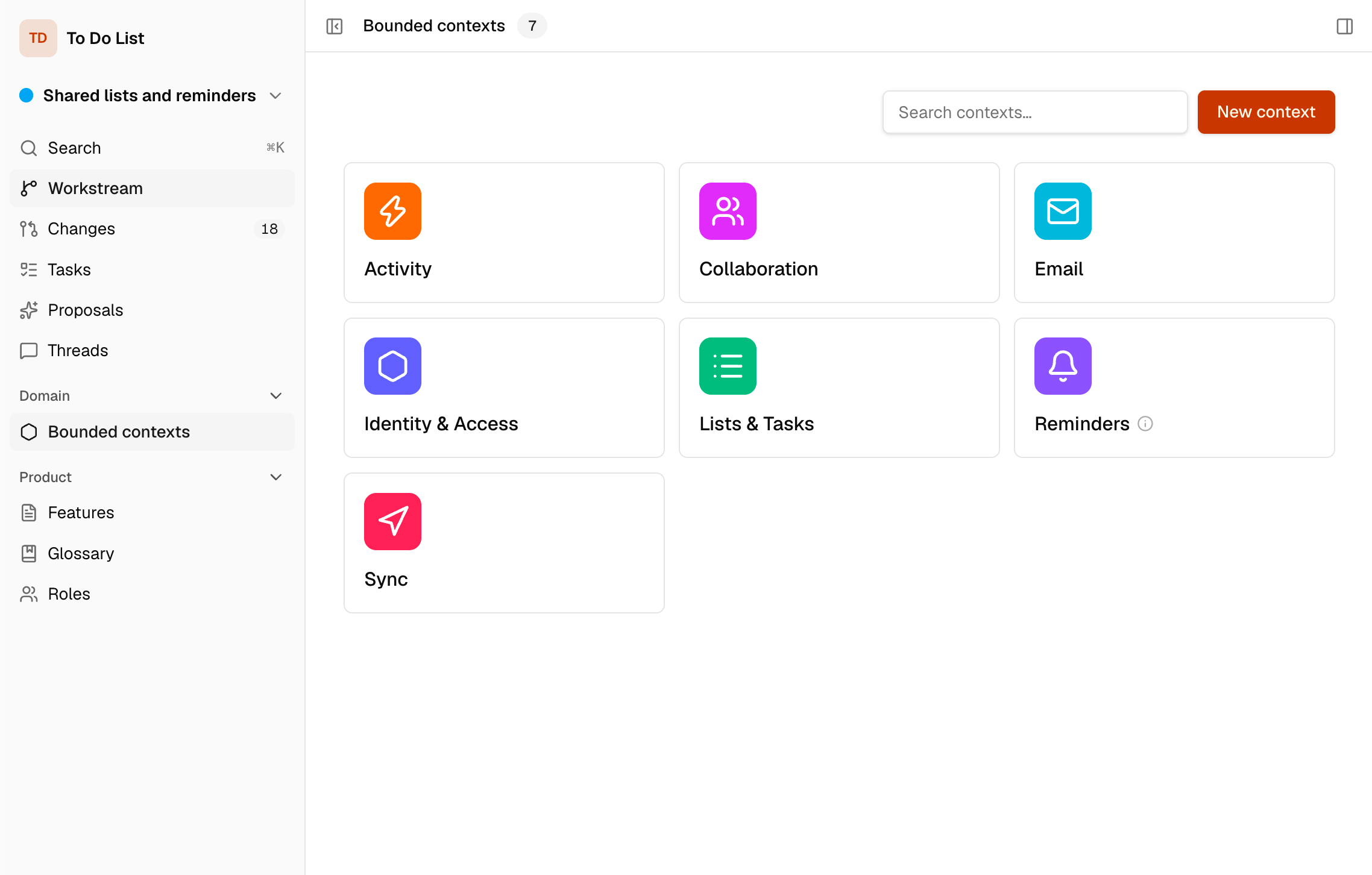 The Specbench workspace showing a system model as a map of seven bounded contexts, from Lists & Tasks to Sync, each with its own icon and colour.